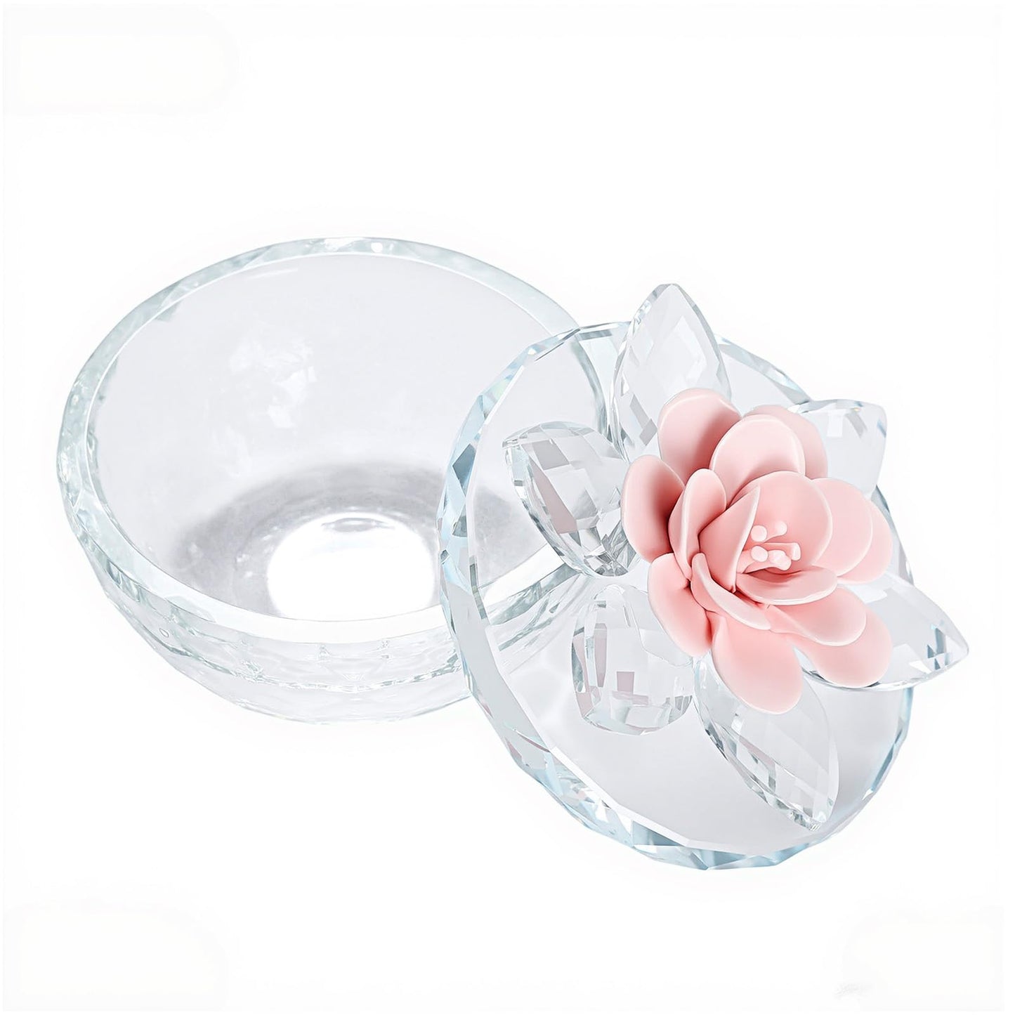 Dounx Crystal Jewelry Box for Women, Small Glass Trinket Jar with Lid, Clear Lotus Flower Storage Holder Elegant Organizer Dish for Ring, Earrings, Necklace, Gift (Pink Flower)