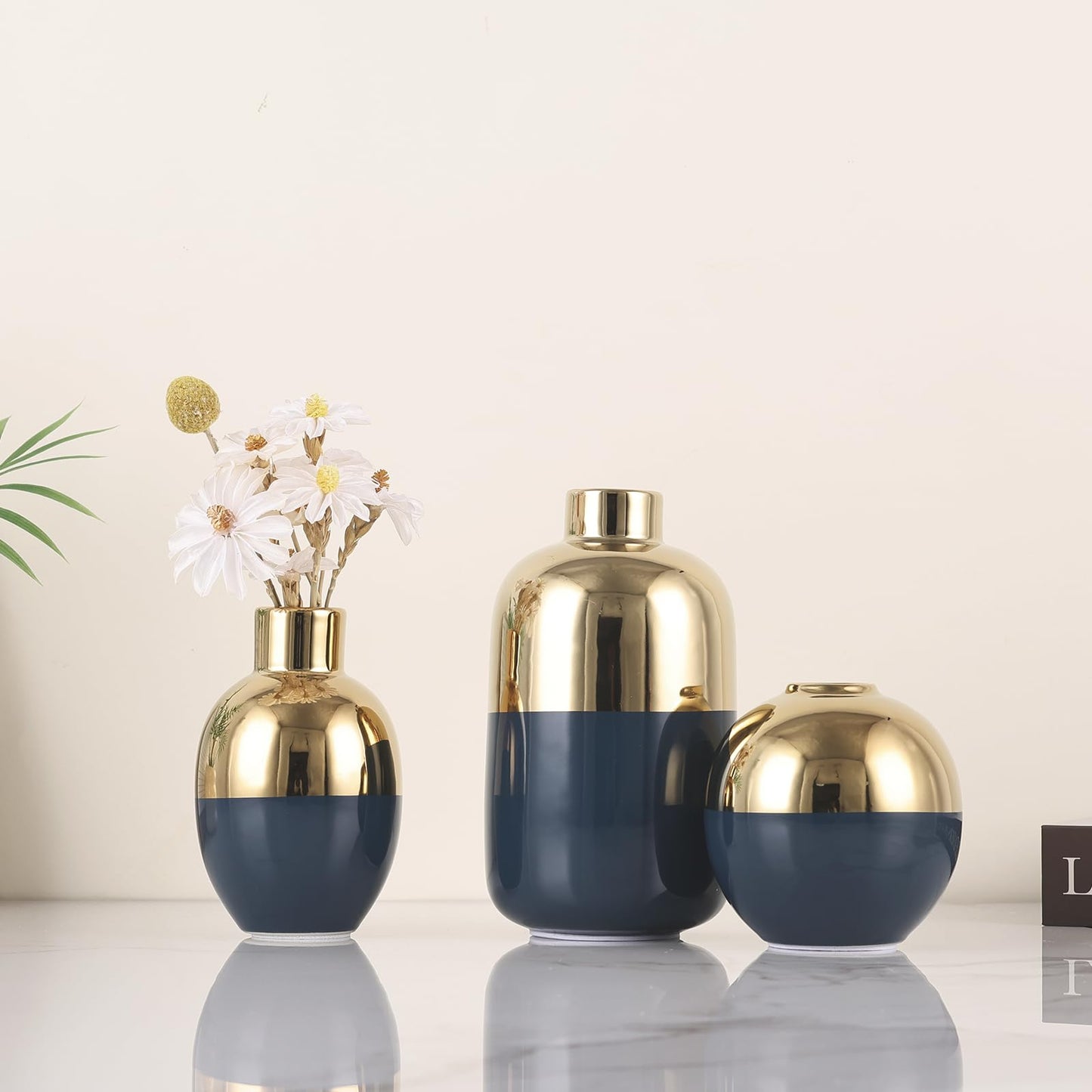 Blue & Gold Ceramic Vase Set of 3, Modern Round Circle Electroplated Two-Tone Decorative Vases for Pampas Grass, Dining Table Wedding Centerpiece, Living Room Bedroom Office Bookshelf