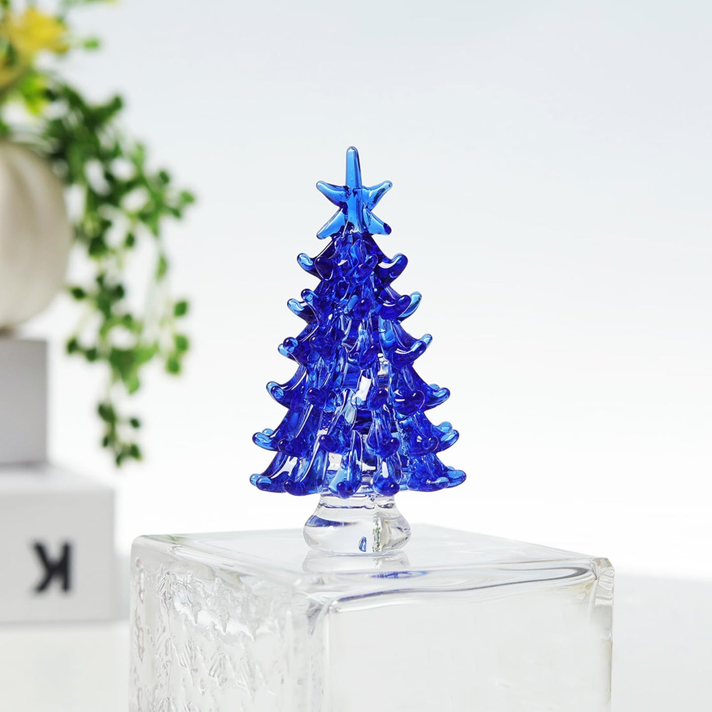 NaneTidy Blue Hand Blown Glass Christmas Tree Glass Figurine Decoration for Xmas Window Tabletop Mantel