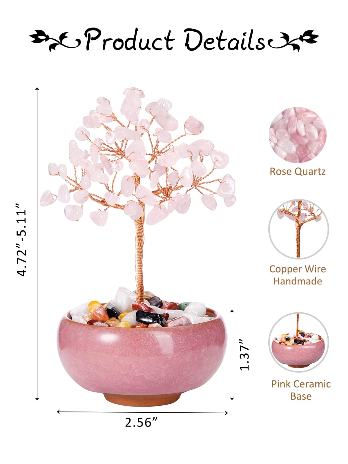 PESOENTH Rose Quartz Crystal Tree of Life Gifts for Women Mom Birthday,Pink Rose Quartz Stone Healing Crystal Gemstone Tree Pink Bonsai Trees Home Room Desk Decor Spiritual Gifts