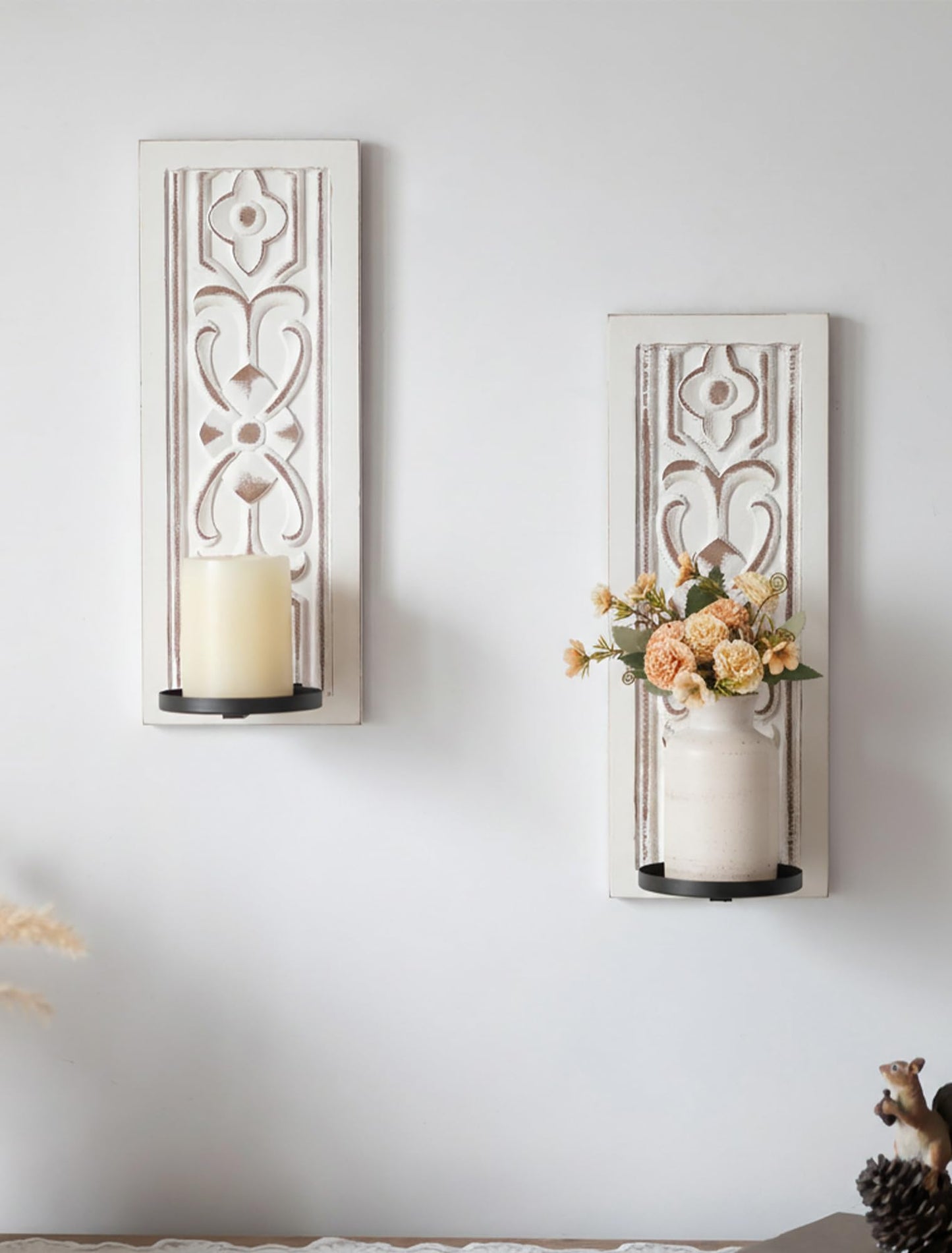 Walasis Rustic Candle Sconces Wall Decor Set of 2 - White Farmhouse Art Distressed Thickened Candles Shelf for Bathroom Bedroom Fireplace - Wood Wall Candle Holders for Pillar Candles Plants