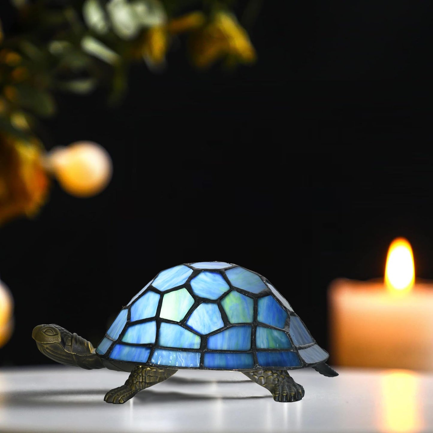 HomeBeauty A0020 Tiffany Style Turtle Lamp Handmade Stained Glass Animal Night Light for Bedside Livingroom Bedroom, LED Bulb Included (Blue)
