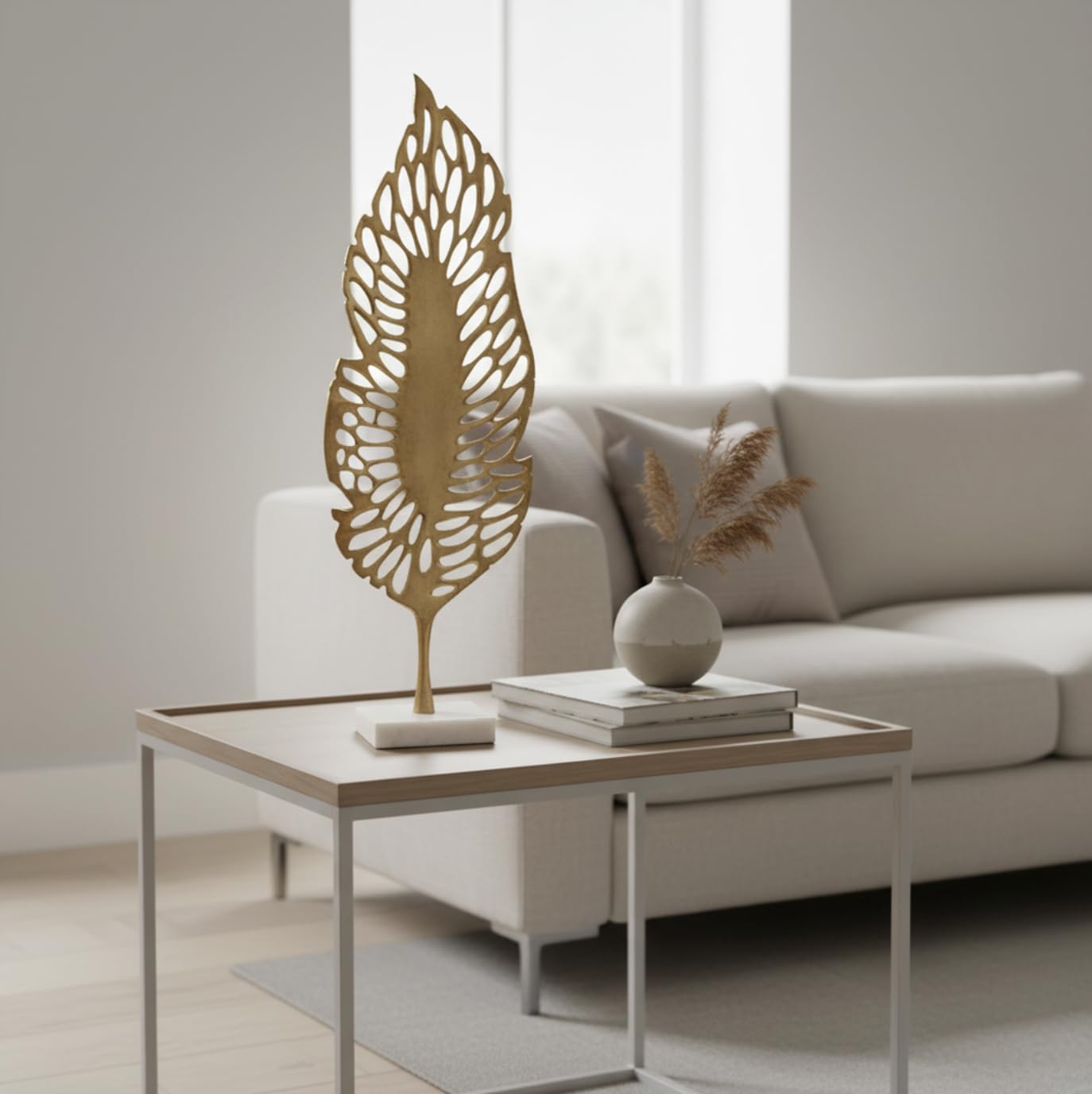 Modern Day Accents 3744 Primavera Tall Golden Leaf Sculpture, Gold Home Decor Accent with White Marble Base, Nature Decor, Unique Tabletop Decor for Living Room, Bedroom, Office, or Kitchen, 27.5" H