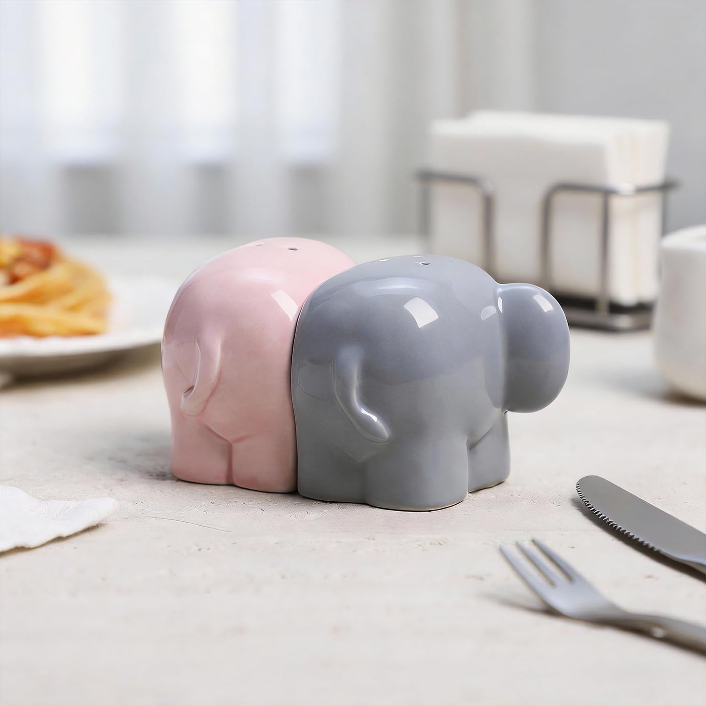 Sizikato Porcelain Salt and Pepper Shaker Set, Cute Elephant Shape