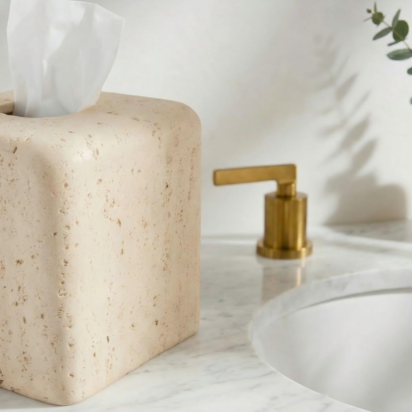 Weighted Travertine Stone Composite Tissue Box Cover Square with Anti-Slip Pads – Artisanal Stone Tissue Holder & Tissue Box Holder for Bathroom, Living Room & Office, Rounded Corners