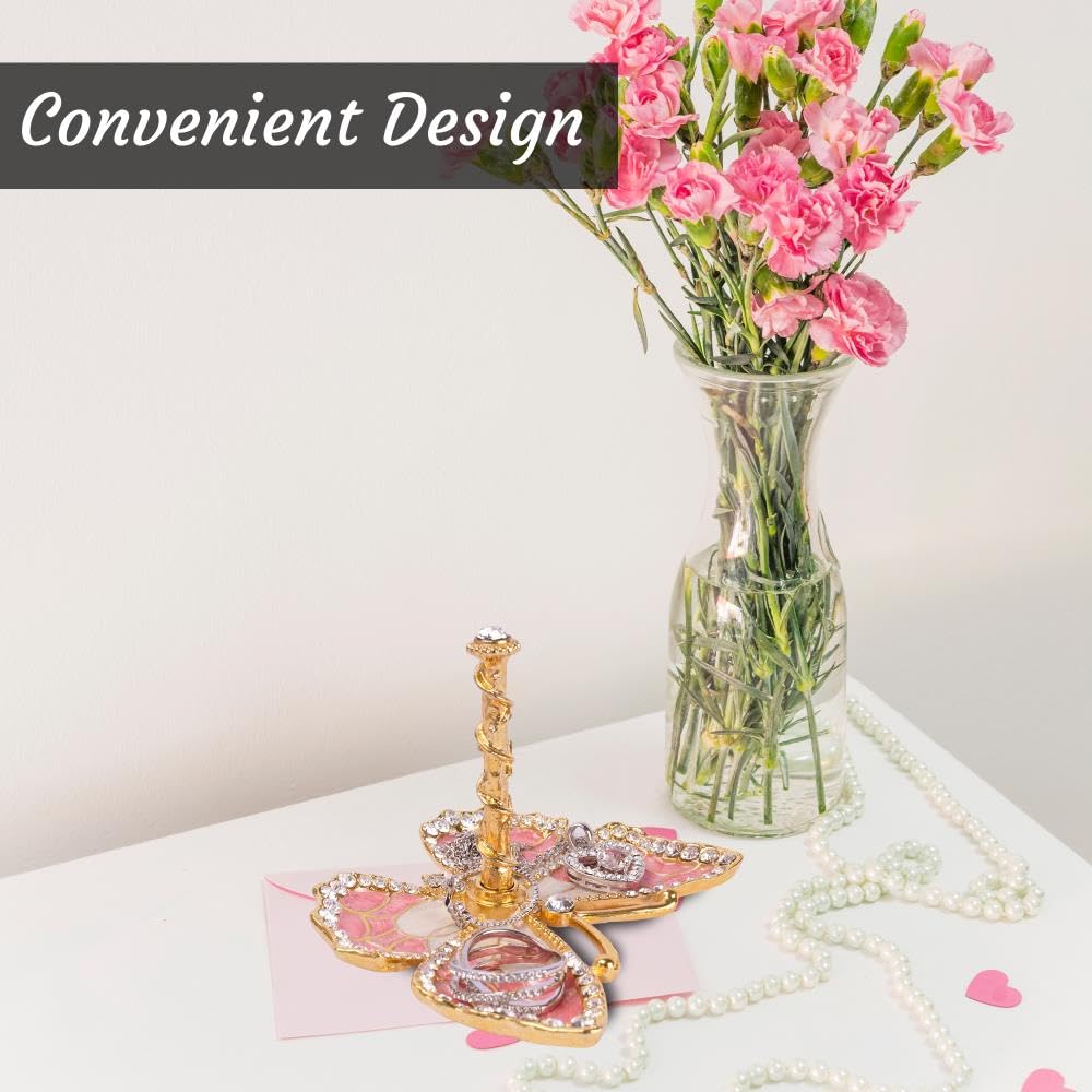 Matashi Butterfly Jewelry Holder for Women, Enamel - Gold Plated Jewelry Stand Organizer Ring Holder w/Crystals, Gift for Mom on Christmas, Mother’s Day, Birthday, Anniversary, Valentine’s Day, Pink