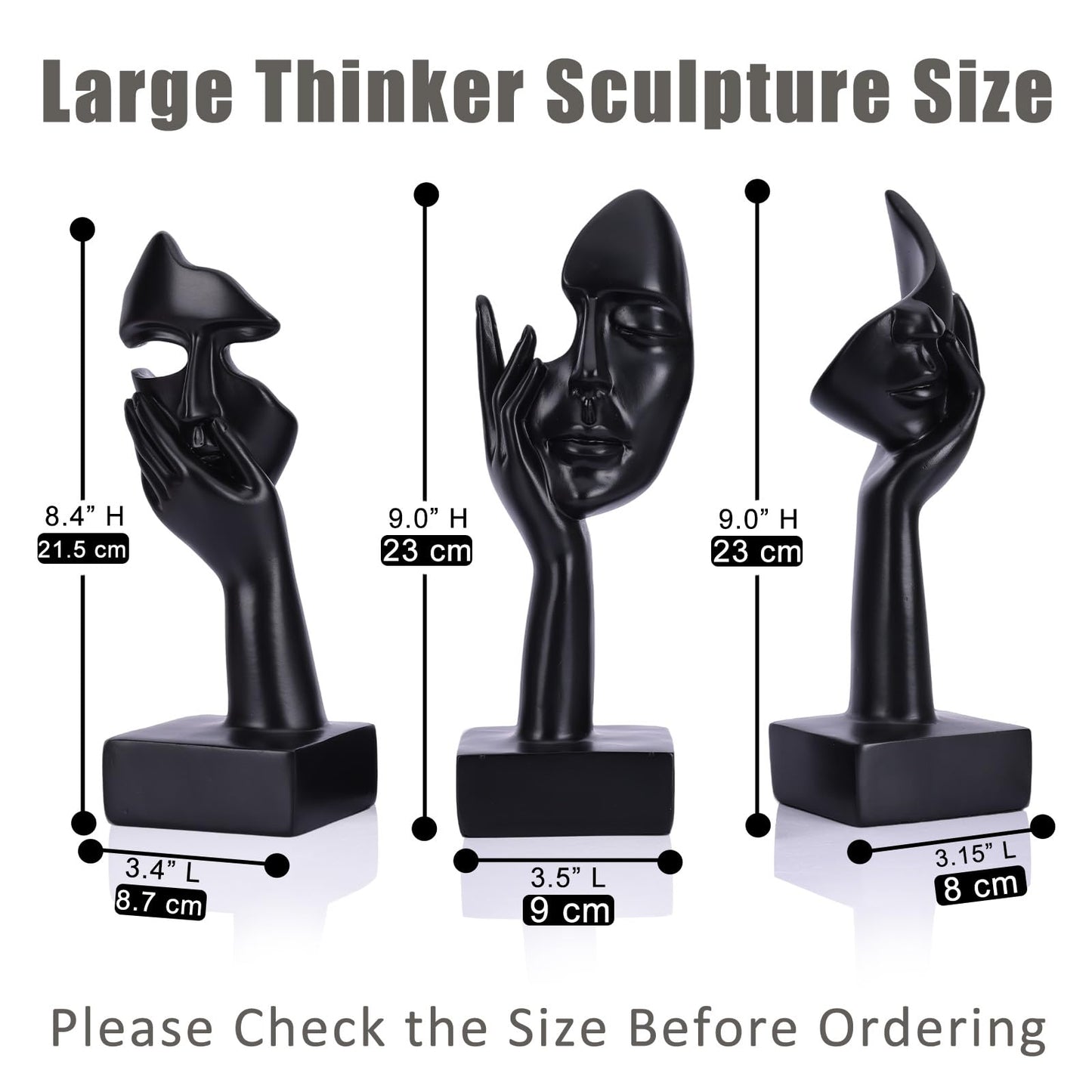 oliruim 3 Pcs Thinker Large Statue Set - Black Art Abstract Home Accent Figurines for Living Room, Bedroom, Shelves, Office Desktop, Coffee Table Decor, Gift for Women (3 Pcs Black, 9")