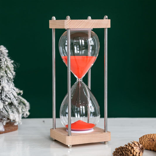 Large 60 Minute Hourglass, with Transparent Glass & Natural Oak Wood Base, Modern Minimalist Office Home Desktop Decor (Red)
