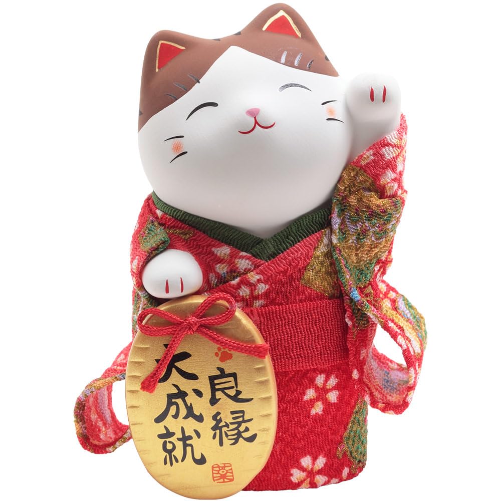 Maneki Neko Lucky Cat in Kimono with Gold Coin 4 in Ceramics 7419-Z-US