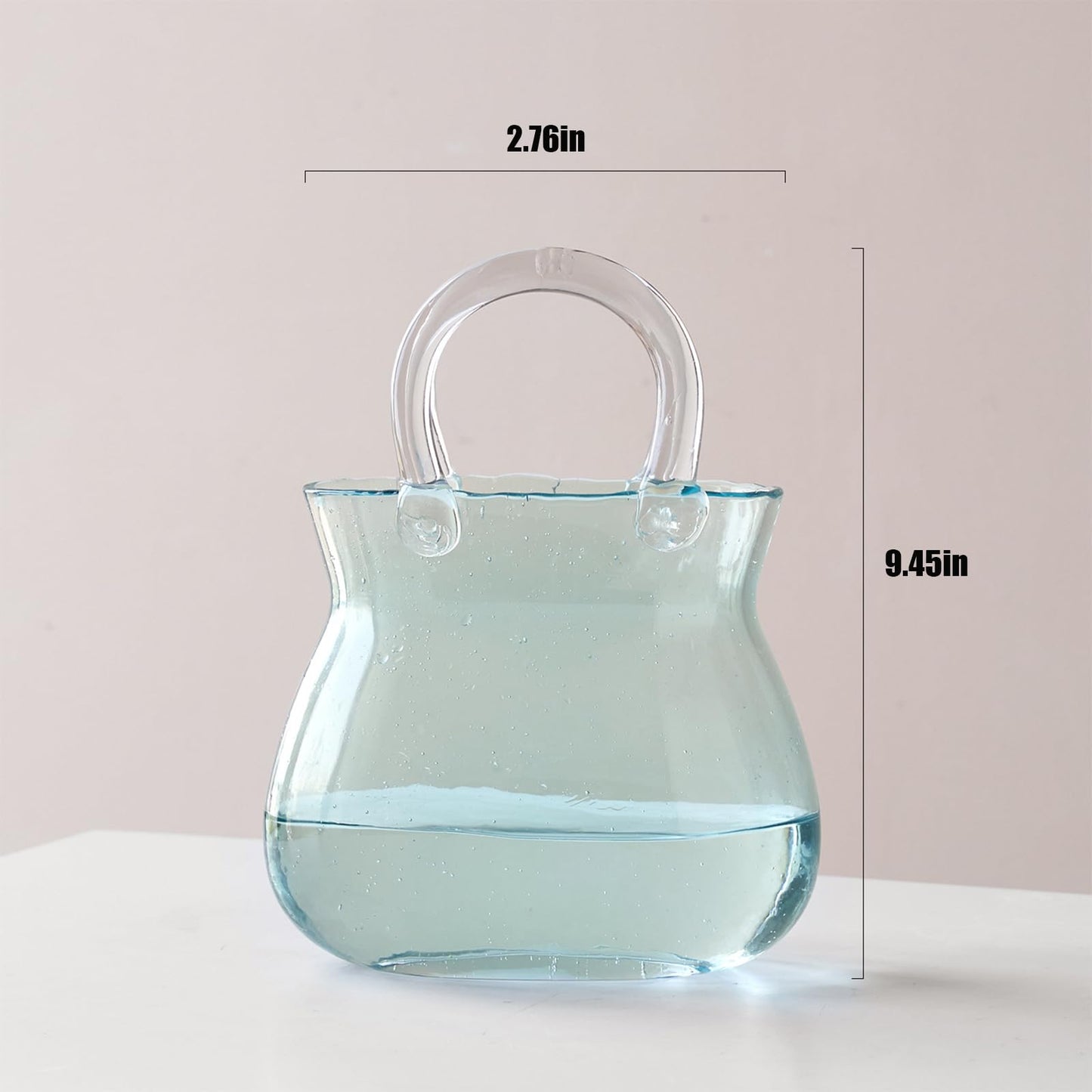 Glass Vase with Elegant Purse Design, Hand Purse vase with Fish Bowl, Unique Flower Vase with Handle and Bubbles - for Home Decor/Office/Garden/Wedding Decor/Enterpiece/Events (Purse Blue A)