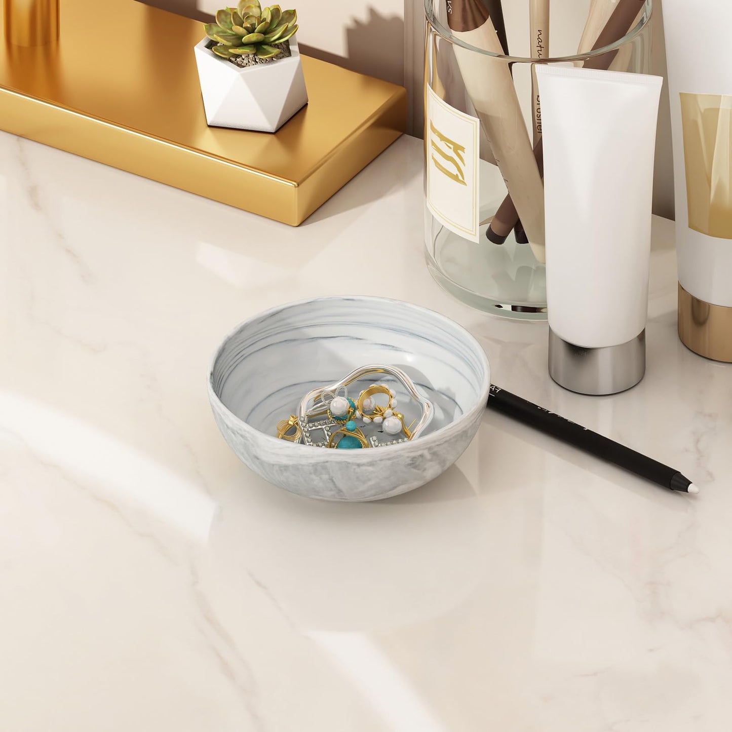 Kultilanda Small Decorative Bowl, Marble-patterned Ceramic Bowl, Modern Home Decor Centerpiece 6.1 Inches Key Bowl for Entry Table, Grey