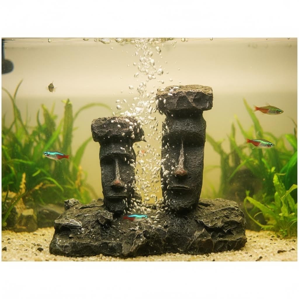 Alaviitsi Moai Statue Aquarium Air Stone Bubbler, Easter Island Resin Ornament, Fish Tank Oxygen Decor for Freshwater & Saltwater Tanks