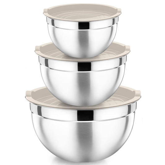 P&P CHEF Khaki Mixing Bowls with Lids, Set of 3, Stainless Steel Salad Nesting Bowl for Mixing, Storing, Prepping, Airtight & Stackable, Size 4.6/3 /1.5 QT