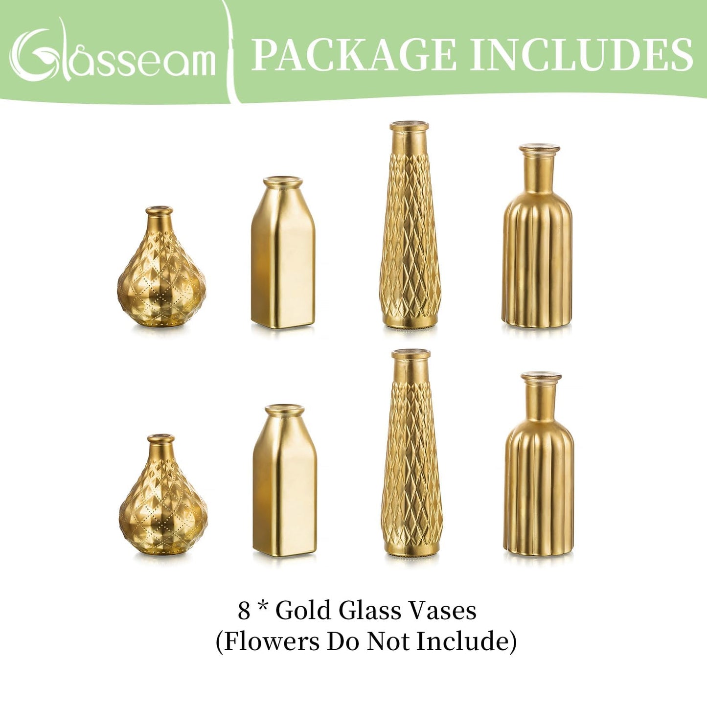 Glasseam Gold Glass Vase, 8pcs Cylindrical Home Decor, Antique Art Deco Style, Holds Water, Gold Electroplating Finish, Living Room Kitchen Bathroom Bedroom Decor, Table Centerpieces