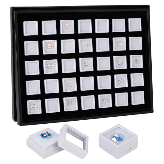 PH PandaHall 35pcs White Gemstone Display Box, Acrylic Small Loose Diamond Cases 1.2inch Square Transparent Jewelry Box with Lid Foam Stone Storage Container for Collectibles Crystal Small Items