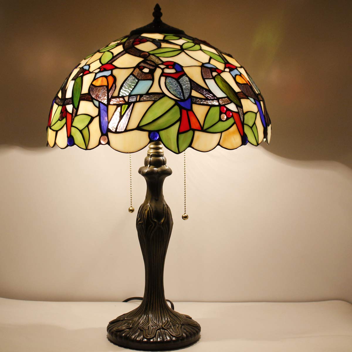 WERFACTORY Tiffany Table Lamp Colorful Stained Glass Birds Bedside Lamp 24"