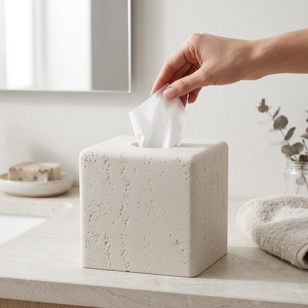 Haocoott Tissue Box Cover Square, Resin Facial Tissue Holder Covers Toilet Paper Holder Decorative Travertine Paper Dispenser Home Decor for Bathroom Bedroom Living Room Office (Off White)