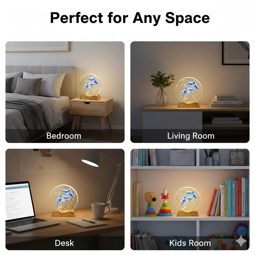 BJSYLTEK K9 Crystal Dolphin Night Light, 10cm Glass LED Lamp with Wood-Grain Style Base, Warm Light Table Desk Lamp, Elegant Home Decor Gift