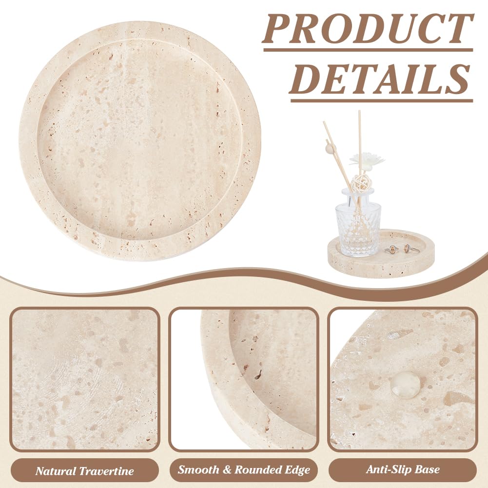 EVERJOYCRAFT Natural Travertine Candlestick Holder 6'' Diameter Round Stone Jewelry Display Plate 1'' Thick Candle Tray with 8 Adhesive Silicone Bumper Minimalist Modern Plate Holder Home Decor