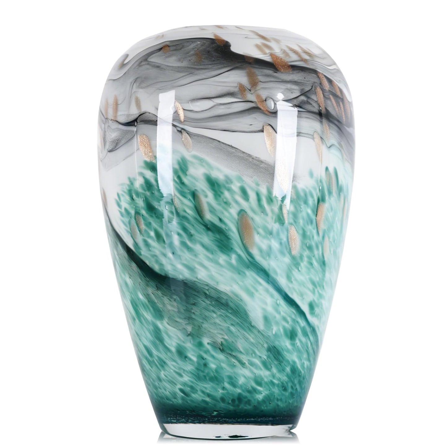 Hand Blown Glass Vase,Green Black Ink Wash Landscape Centerpiece,New Chinese Luxury Home Accent,Pampas Grass Centerpiece, Minimalist Decorative Vase for Dining Table Kitchen Tabletop (Green, Small)