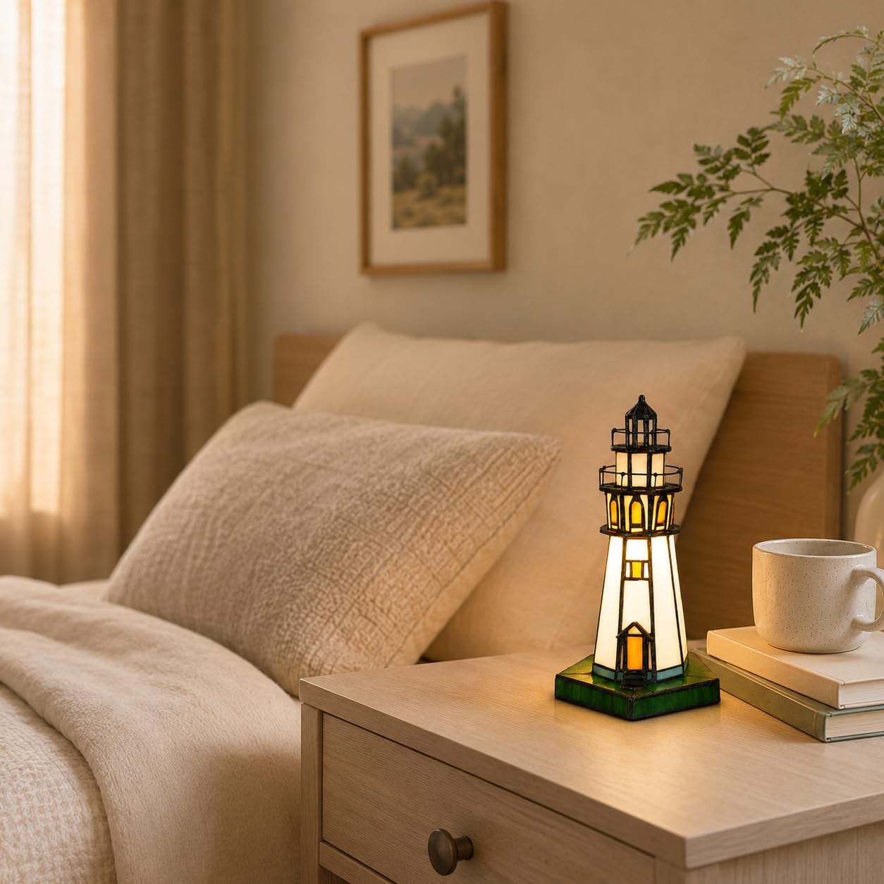 Bieye L10221 Lighthouse 10 inch Tiffany Style Stained Glass Accent Table Lamp for Home Decor