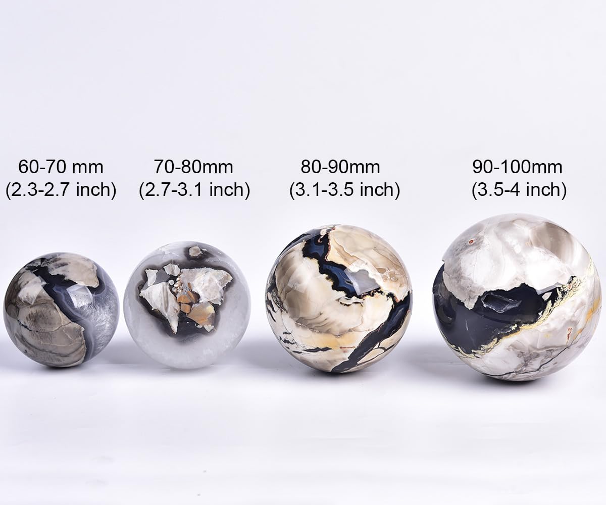 JIC Gem 2.7-3.1 inch(70-80mm) Large Volcanic Agate Crystal Sphere Quartz Crystal Ball with Stand Healing Ornament Witchcraft Meditation Decor