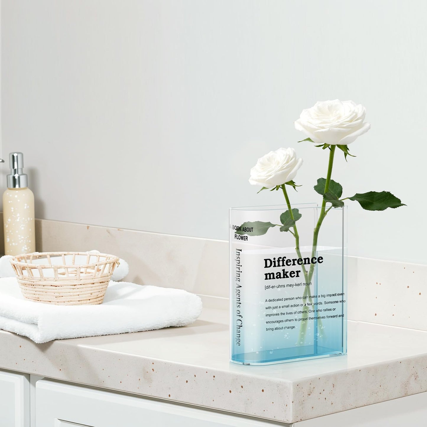 BuyCard Clear Acrylic Book Vase for Flowers, Transparent Book Flower Vase for Home Decor, Simplicity Bookshelf Decor, Unique Stuff for Book Lovers, Difference Maker, Gift to Motivate (Blue)
