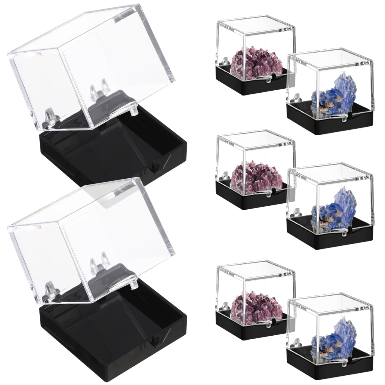 KESYOO 60 Pcs Clear Mineral Specimen Display Boxes, 1.4" Small Square Plastic Rock Sample Storage Cases with Black Base for Crystals and Gemstones