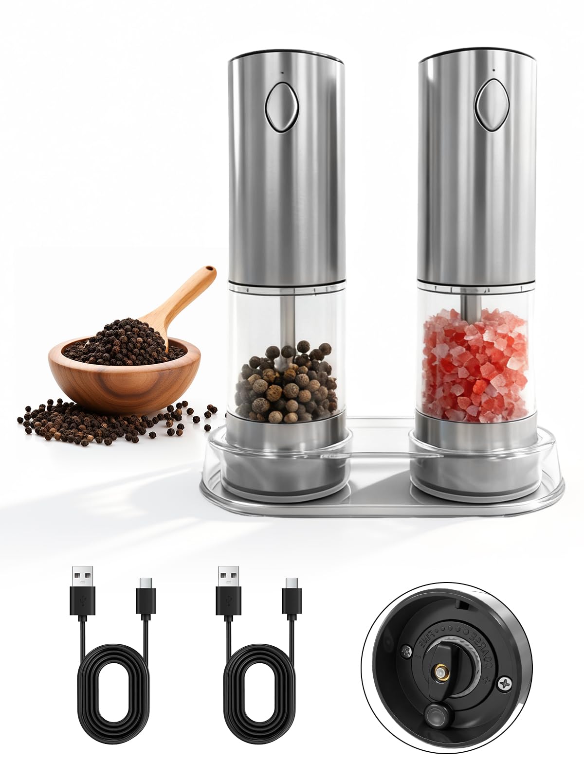 Electric Salt and Pepper Grinder Set, Rechargeable Salt and Pepper Shakers Stainless Steel with Type-C charging cable, Adjustable Coarseness, Easy Filling Larger Capacity with Led for Home Kitchen