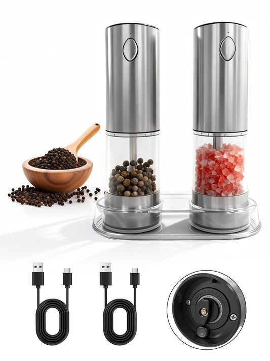 Electric Salt and Pepper Grinder Set, Rechargeable Salt and Pepper Shakers Stainless Steel with Type-C charging cable, Adjustable Coarseness, Easy Filling Larger Capacity with Led for Home Kitchen