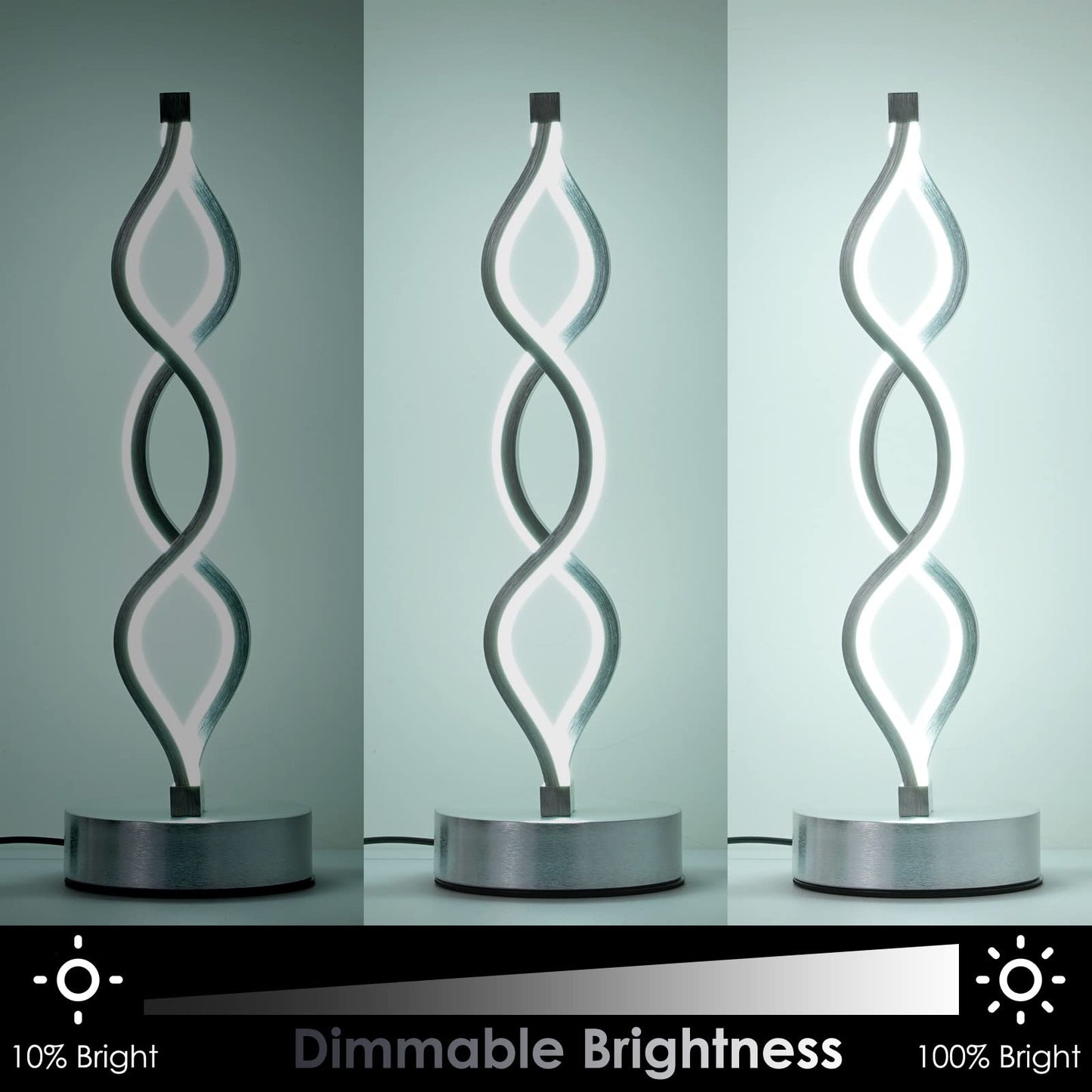 NUÜR Infinity Spiral LED Table Lamp Silver, Dimmable Metallic Bedside Lamp with Touch Controller, 3 Colour Temperature, 15.8 Inch Height, Decorative Lamp for Home, Living Room