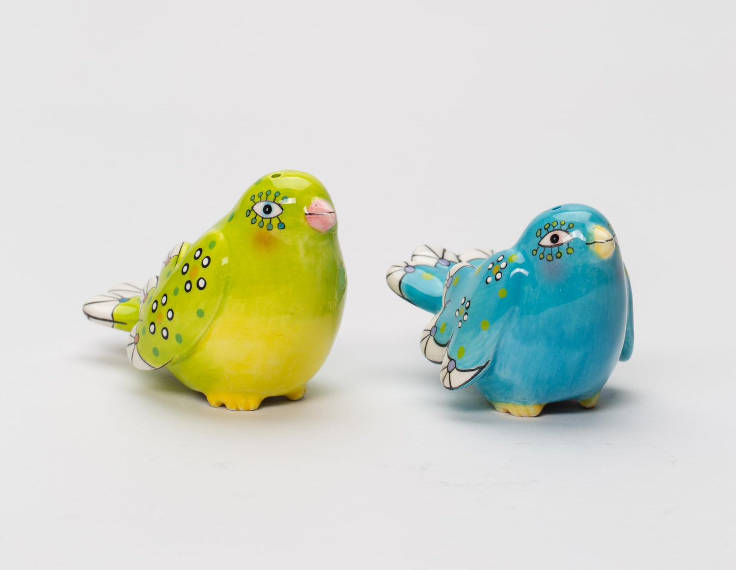 Fine Ceramic Flight of Fancy Hand Painted Blue and Green Love Birds Salt & Pepper Shakers Set, 3-3/8" L