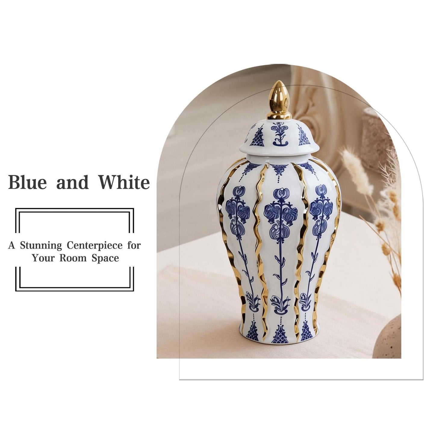 Siqiyangly Blue and White Ginger Jar with lid, 18 Inch Large Ceramic Vase for pampas grass, Luxury Home Decor White Gold Tall Flower Vase for Living Room Kitchen Centerpiece, Hotel Wedding Decor