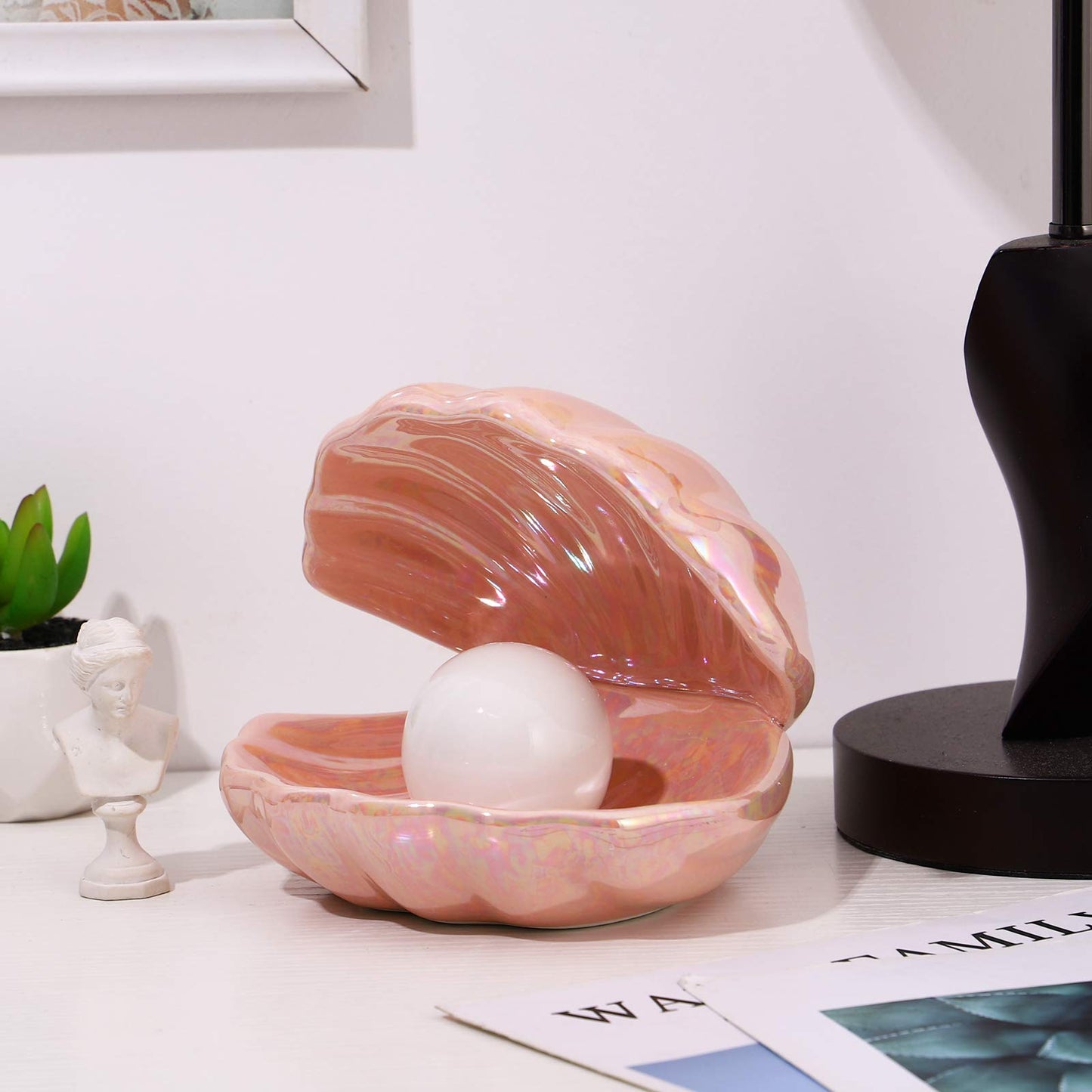 IMIKEYA Shell Pearl Light, LED Ceramic Pearl in Shell Night Light Desktop Portable Ocean-Inspired Seashell Lamp for Bedroom Home Decor, Pink