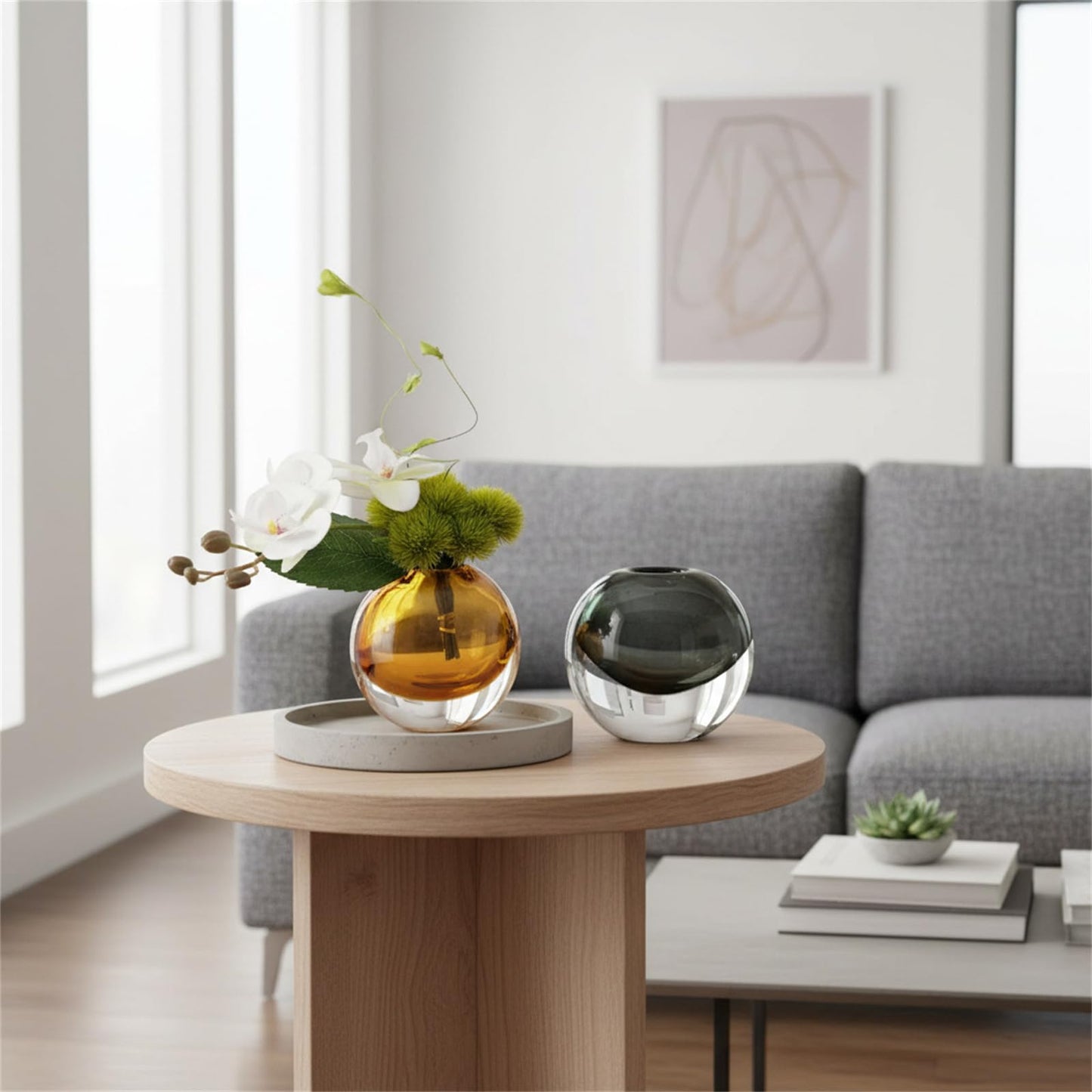 Modern Glass Vase | Tall Crystal Vase for Centerpieces | Light Blue Hydroponic Glass Vase | Unique Floral Decor | Handblown Decorative Vase for Flowers Amber