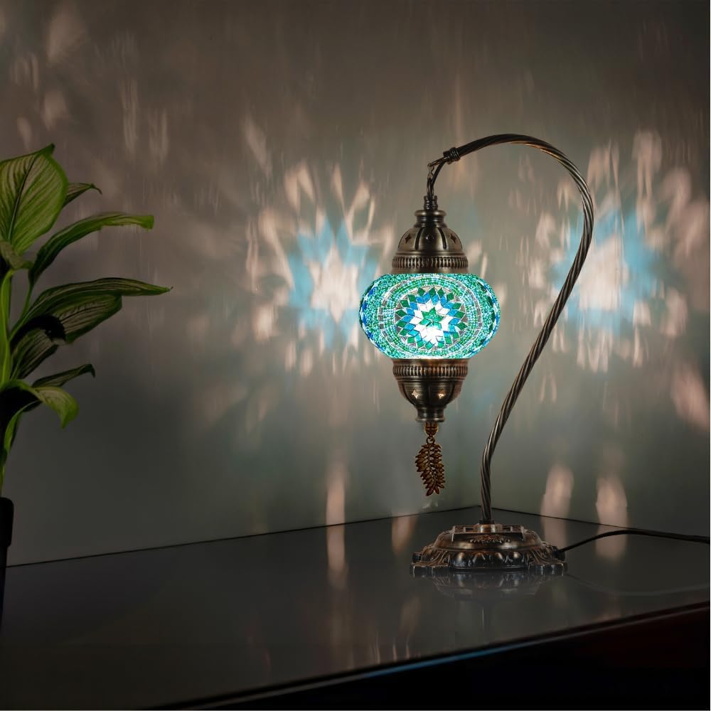 DEMMEX Turkish Moroccan Mosaic Table Lamp – Handcrafted Tiffany-Style Colorful Glass Swan Neck Bedside, Desk, Table Light, Boho Artisan Accent Lighting for Bedroom or Living Room – 15" H, Turquoise