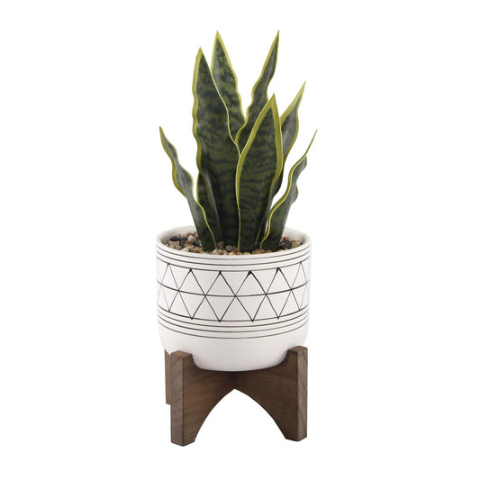 Flora Bunda Large 12" Realistic Looking Artificial Snake Plant in Geo Paint Ceramic Pot with Wooden Stand for Outdoor Indoor Home or Office Décor Artificial Plant, Fake Plant