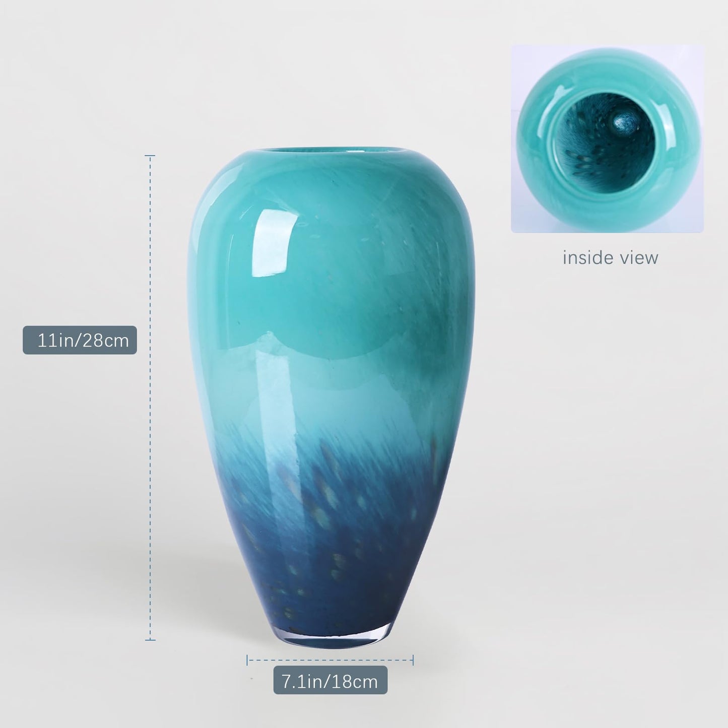 New Chinese Style Gradient Peacock Feather Glass vase (Turquoise Blue, 11 in)