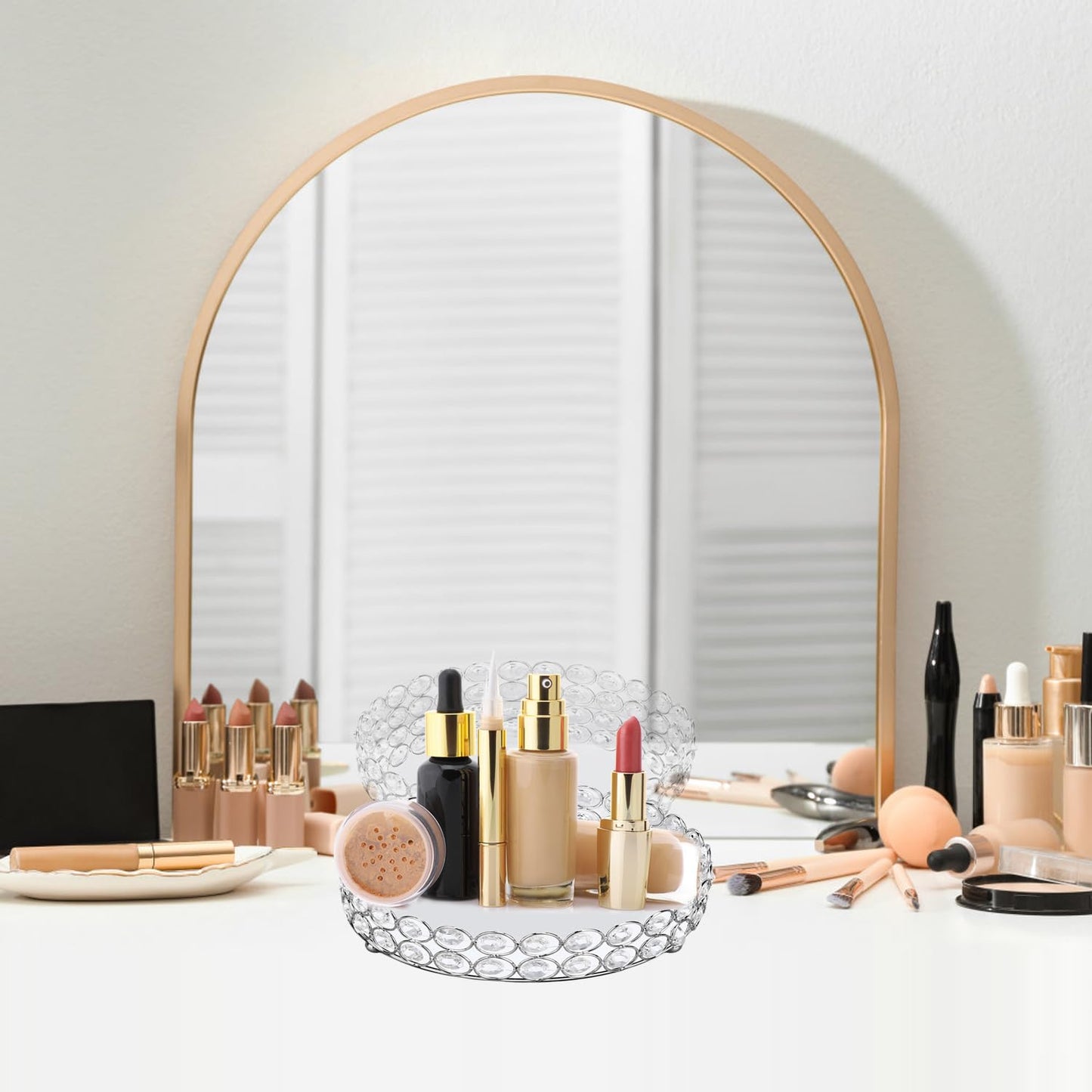 Mirrored Jewelry Organizer Tray - 8 Inch Round Decorative Vanity Tray for Makeup, Perfume & Trinket Storage - Crystal Home Decor Display Plate(Silver)