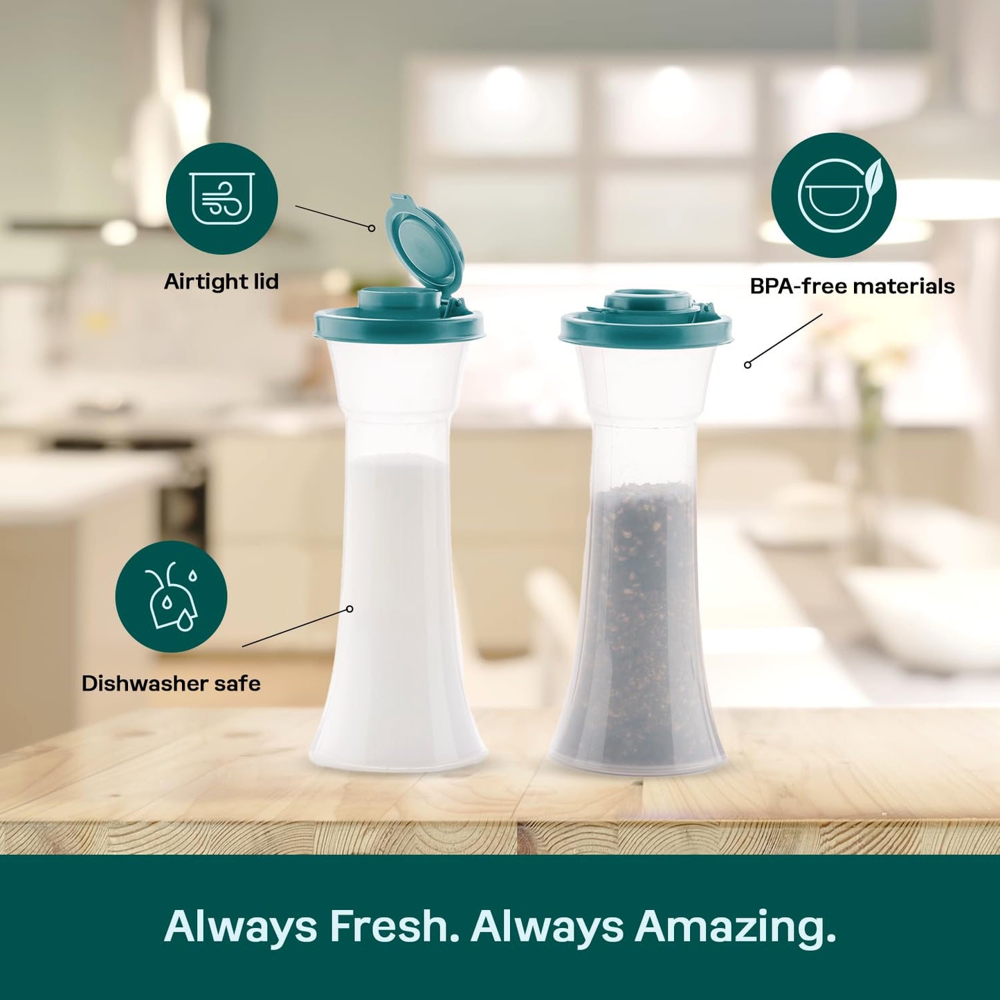 Tupperware Hourglass Salt and Pepper 2-Shaker Set in Teal, Liquid Tight Lids, BPA-Free, Dishwasher Safe