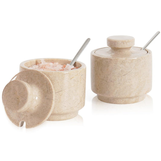 MARBLOUS KRAFTS Marble Salt Cellar 3" Inch Verona Stone Salt Container for Gift for Mom, Ideal Set of 2 Coffee Storage Container Kitchen Countertop, Candy Jars with Lids and Spoons, Spice Storage