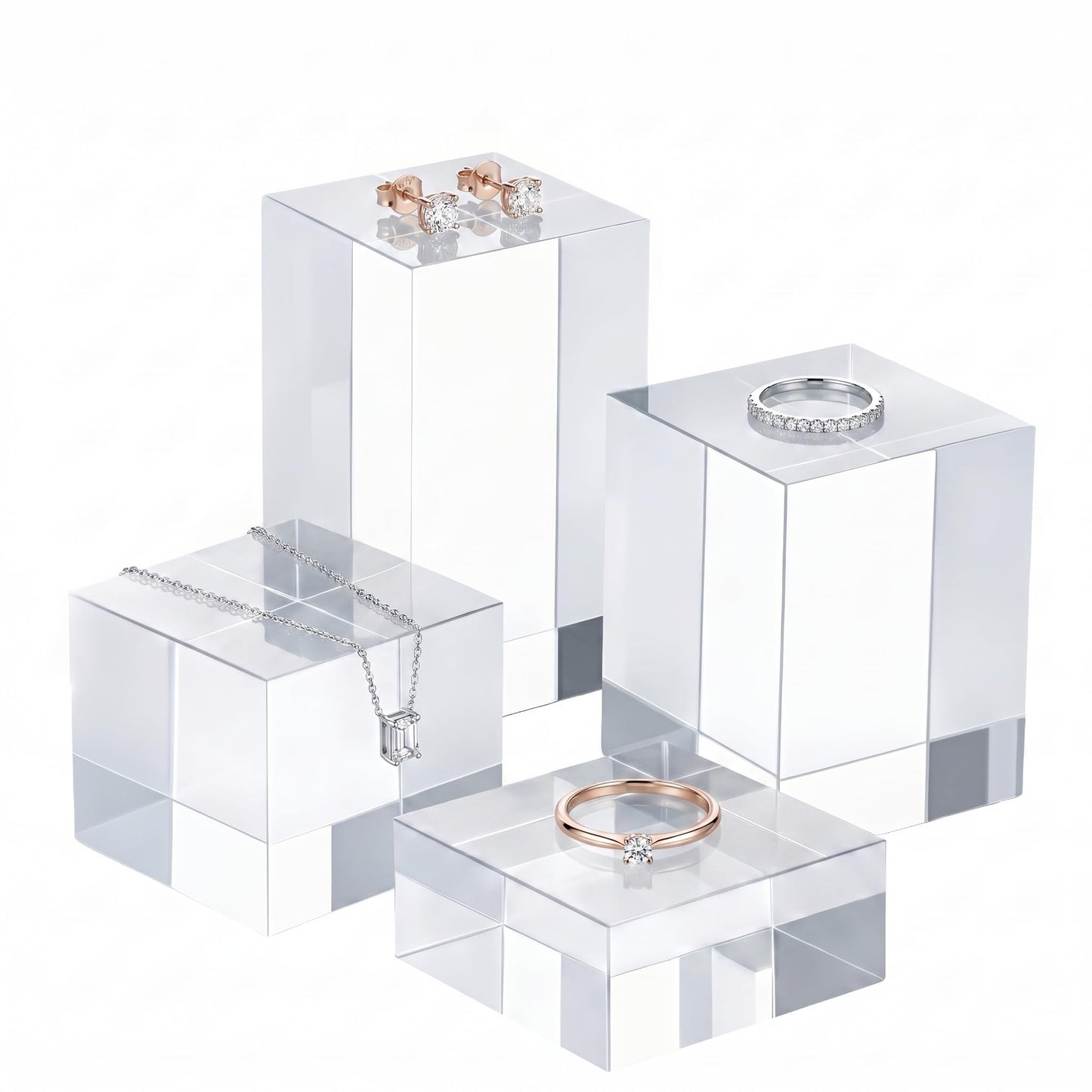 Funzhan 4 Pcs Acrylic Square Display Blocks,4 Size Clear Polished Acrylic Cube Risers,Acrylic Base Stand for Photography Props ,Jewelry, Cosmetics, Crafts & Boutique Showcases