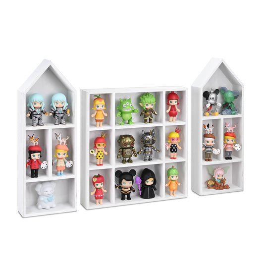 Ikee Design 3 Pcs Set Wooden Shadow Cubby Box Display Shelf Organizer Storage Shadow Box for Collectibles, Mini Figures, 17 compartments, White Color, 22.8W x 2.4D x 15.7H in