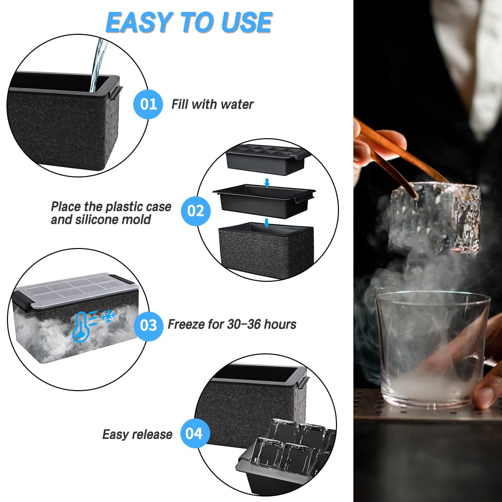 TINANA Upgrade 2 Inch Clear Ice Cube Tray Make 8 Large Square Crystal Ice Cube Maker for Cocktail, Whiskey & Bourbon Drinks, Gifts for Men