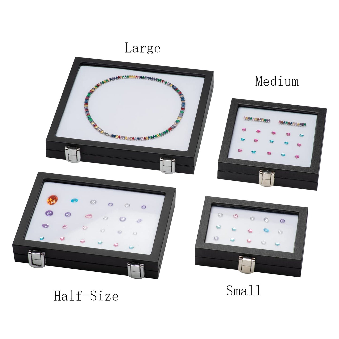 Giftop Jewelry Display Case Tempered Glass Top Lid Black Leatherette,Gemstone Display Case Jewelry Storage Box with Metal Clasp (Medium)