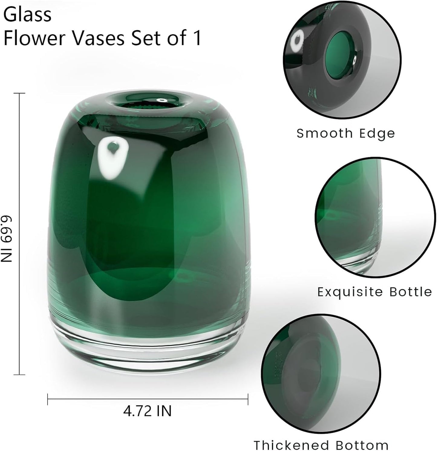 Relexome Dark Green Glass Flower Vase for Centerpieces Flowers 6.7 Inch Round Modern Glass Bud Vase Decorative Vases for Home Decor, Living Room, Dining Table, Entryway, Shelf, Office