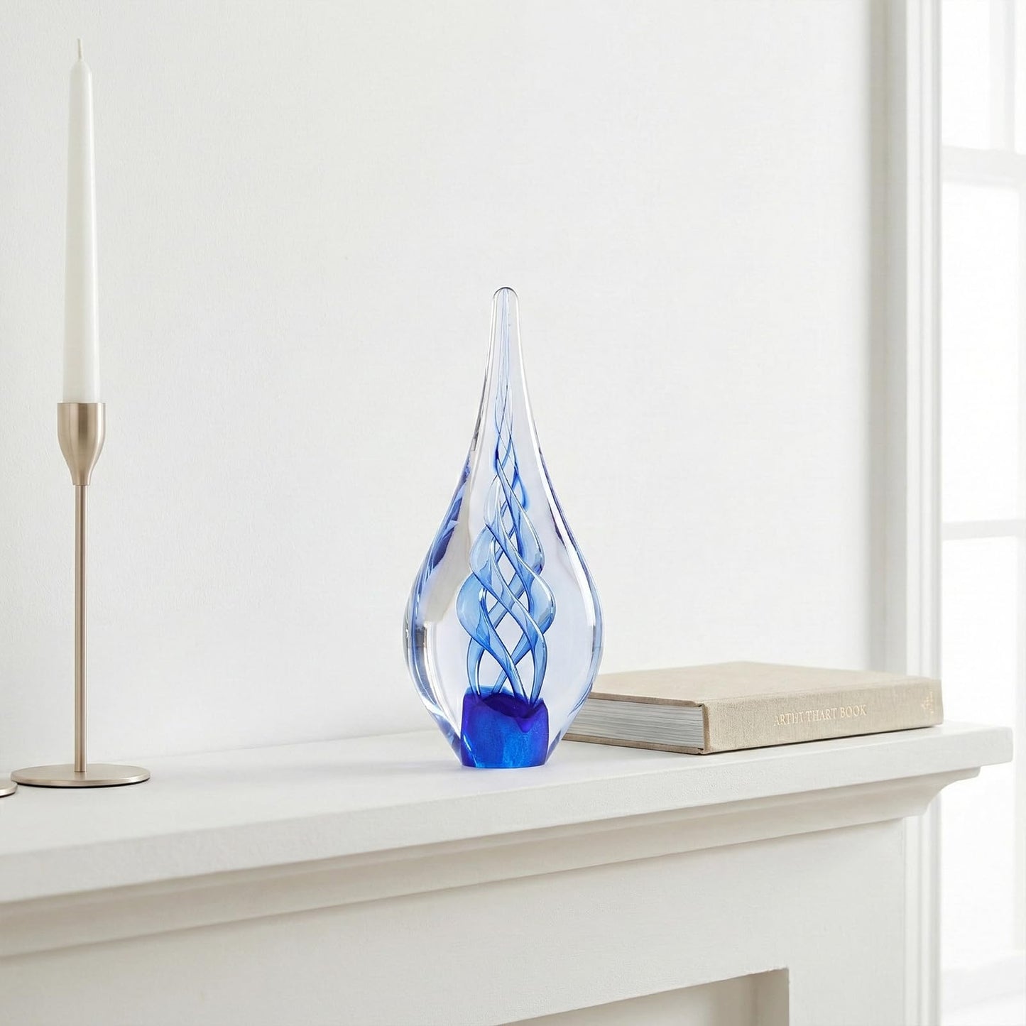 GrivSheen Hand Blown Glass Sculpture, Murano Style Decor, Blue Glass Art Collection Figurines, Teardrop Decorative Statue for Office Shelf, Unique Teardrop Sculpture Paperweight, Beach Room Decor