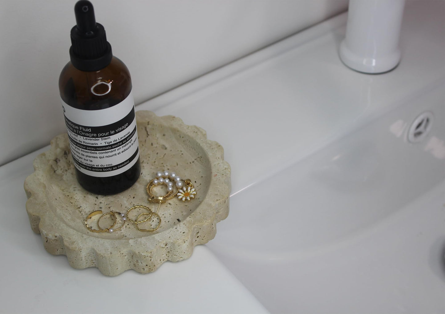 Natural Small Travertine Scalloped Edge Tray 6.3", Marble Jewelry Dish, Trinket Tray for Women Gift