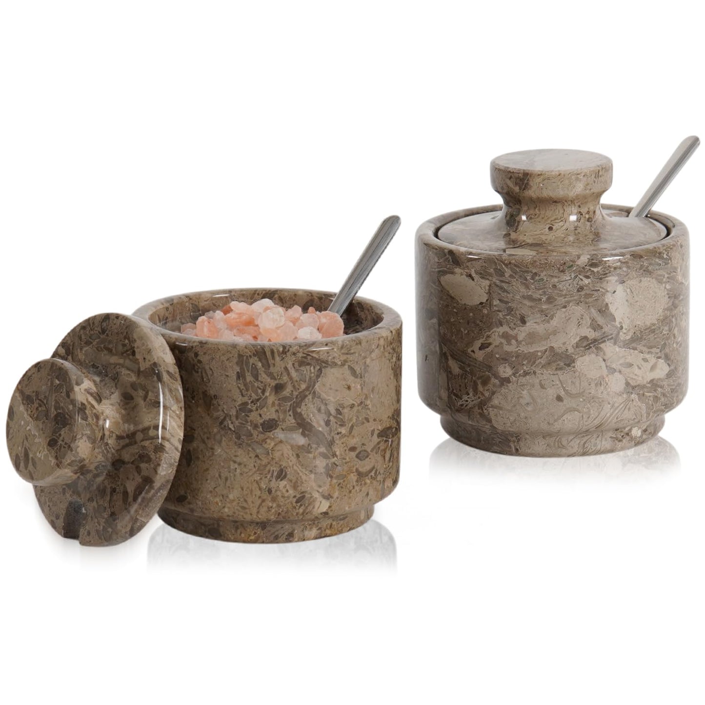 MARBLOUS KRAFTS Marble Salt Cellar 3" Inch Oceanic Flaky Salt Holder for Countertop, Set of 2 Spice Boxes, Brown Sugar Keeper, and Sugar Jar with Lid & Spoon, Perfect for Kitchen Storage