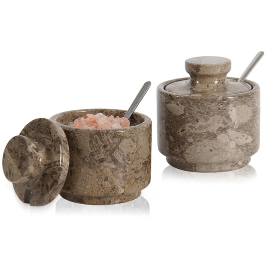 MARBLOUS KRAFTS Marble Salt Cellar 3" Inch Oceanic Flaky Salt Holder for Countertop, Set of 2 Spice Boxes, Brown Sugar Keeper, and Sugar Jar with Lid & Spoon, Perfect for Kitchen Storage